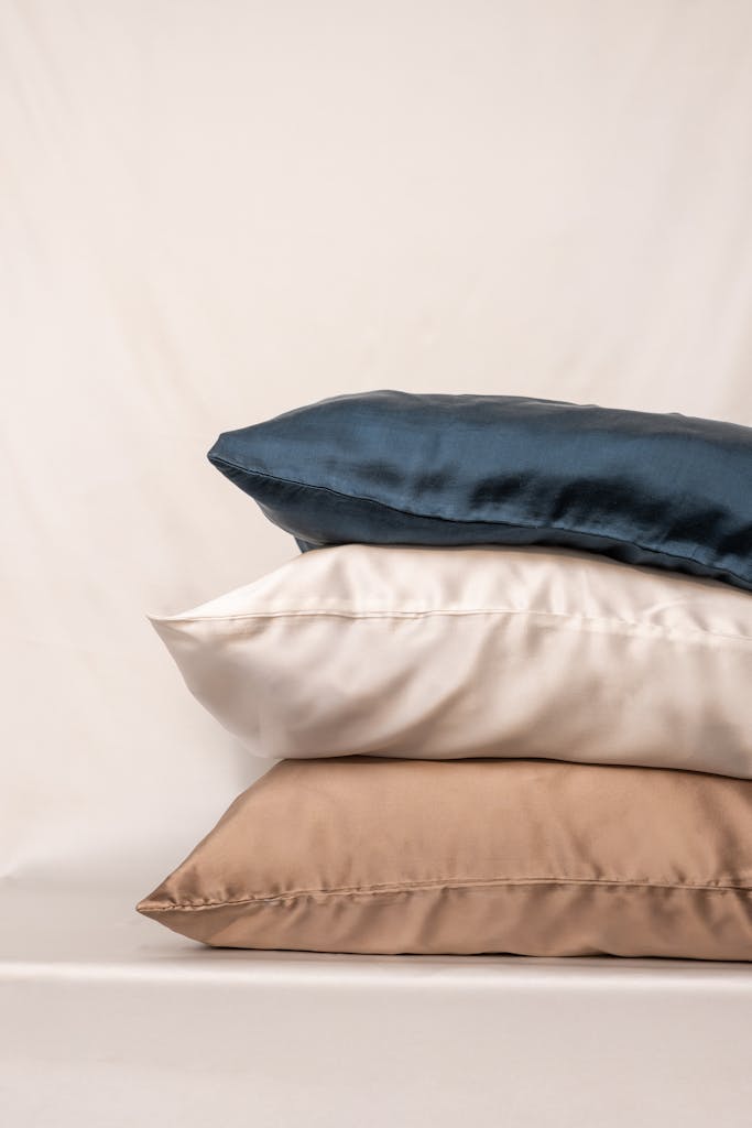 Aesthetic stack of silk pillows in blue, white, and beige for a luxurious touch.