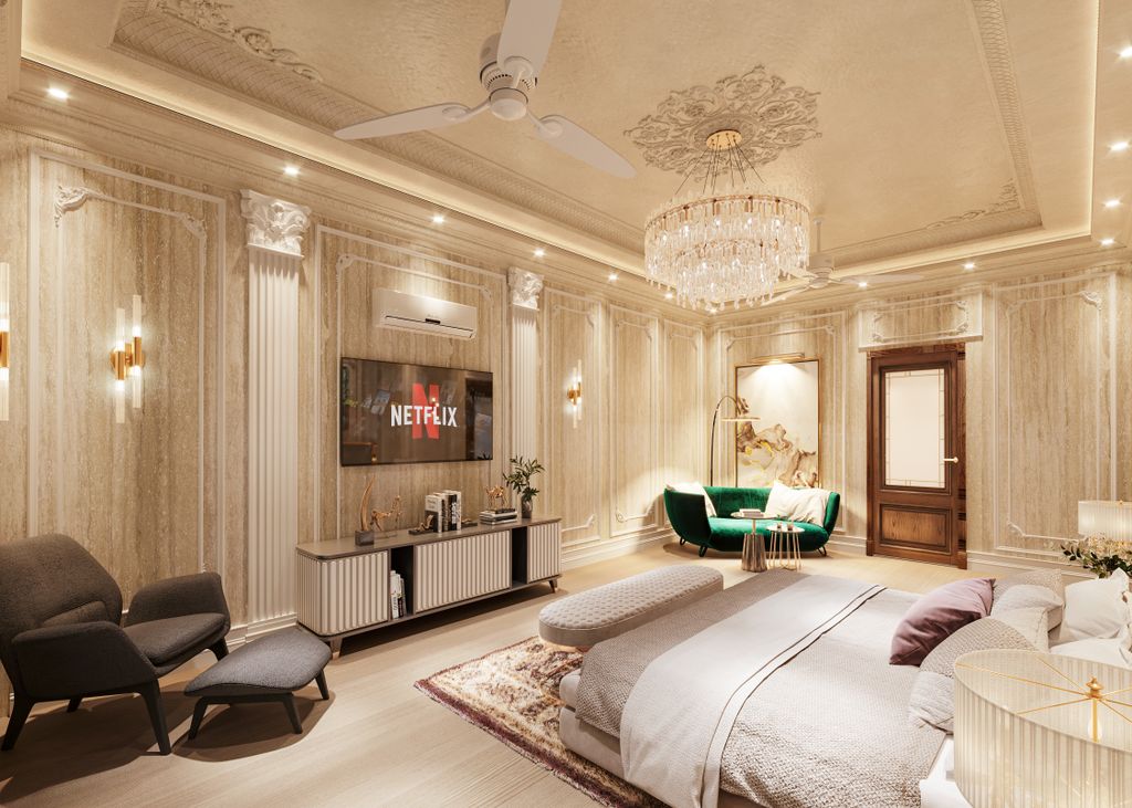 Spacious luxury bedroom interior with elegant decor, crystal chandelier, and Netflix ready TV setup.