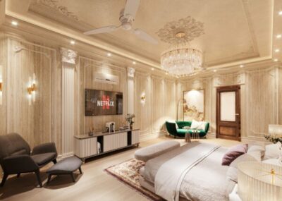 Spacious luxury bedroom interior with elegant decor, crystal chandelier, and Netflix ready TV setup.